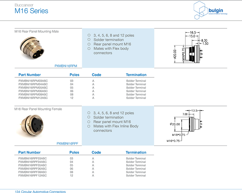 M16 16芯公前鎖板端焊線式參數