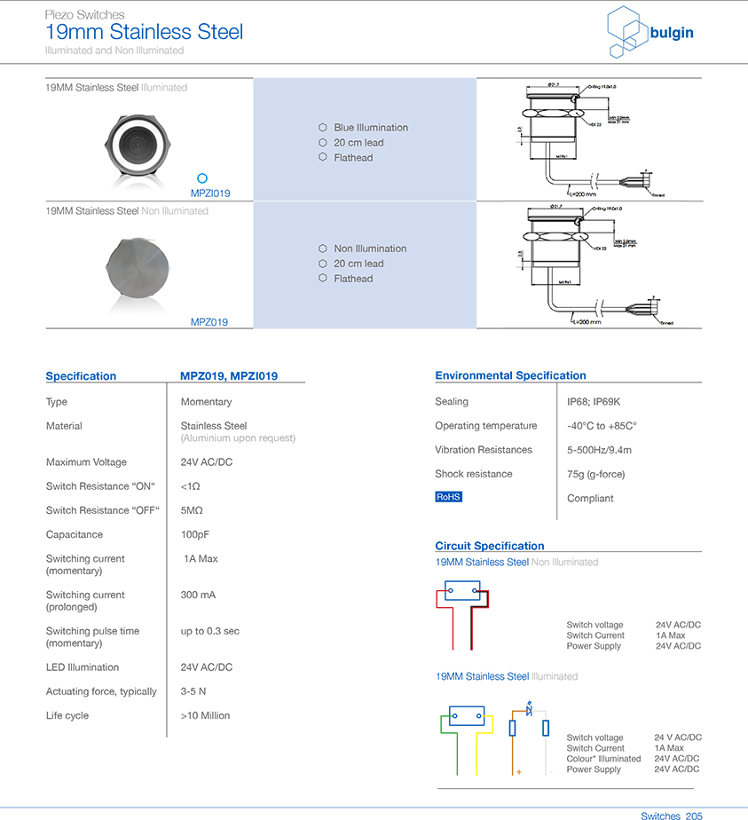 MPZI019不銹鋼Piezo開關規格尺寸 MPZI019不銹鋼Piezo開關規格尺寸